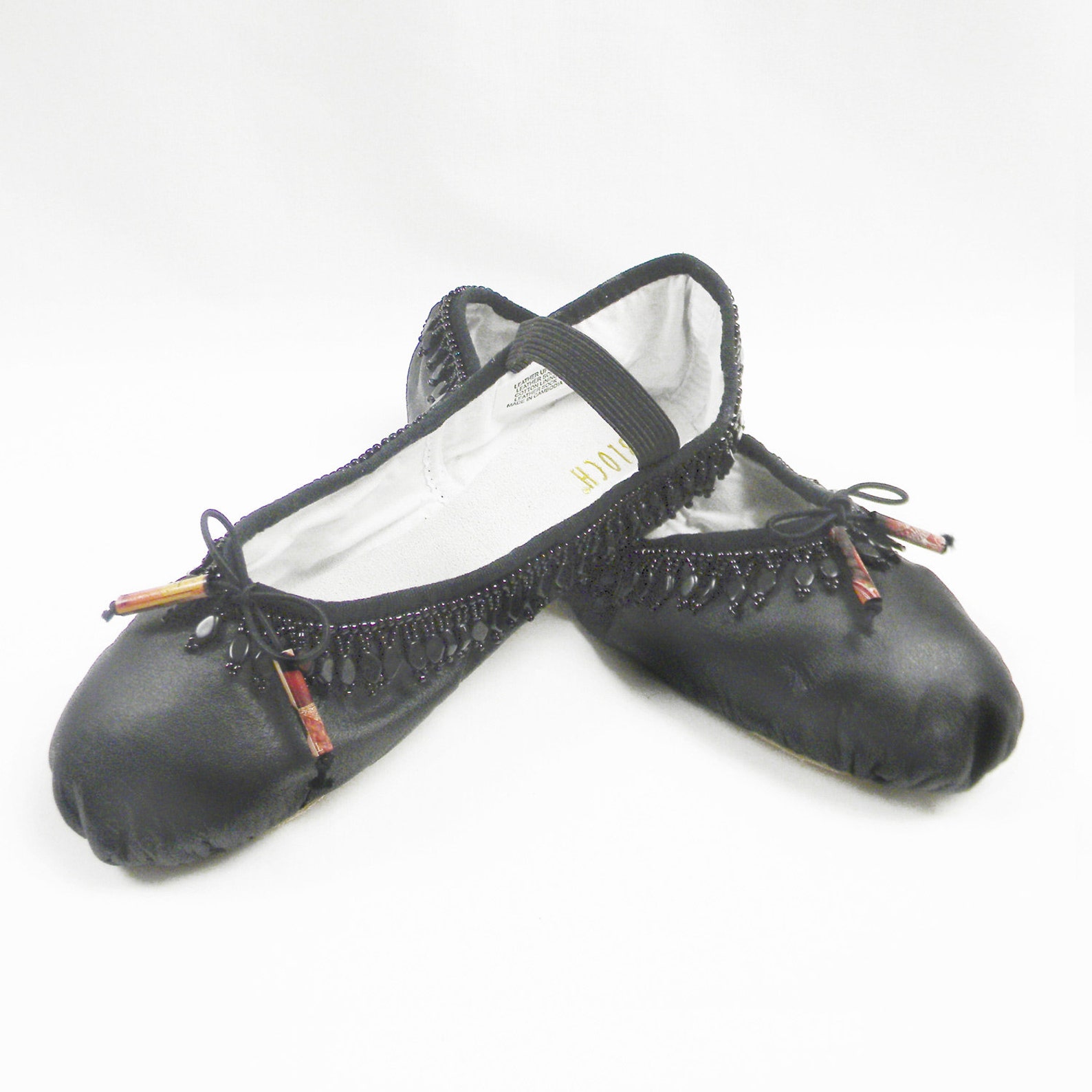 beaded ballet slippers, black leather bloch dance shoes, size 6.5b