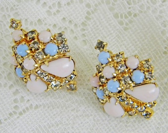 Pink and Blue Screw Back Earrings, Clear Rhinestones, Polished Gold Tone, Large, Domed Shape