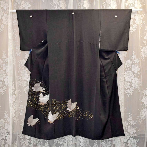 Black Silk Tomesode Kimono with Embroidered Butterflies and Gold Highlights, Full Lightweight White Silk Lining