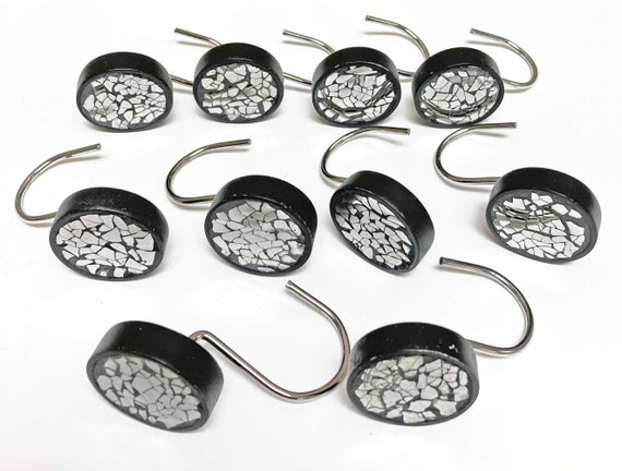 Thick Black Plastic Shower Curtain Hooks with Embedded Mirror Chips, Set of  Ten, Matte Black Finish Circles with Chrome Hooks