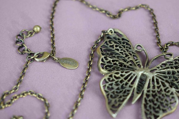 Butterfly Necklace, Antique Silvertone Filigree w… - image 2