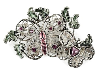 Dual Butterfly Filigree Brooch with Enamel Highlights, Faceted Stones and One Glass Heart