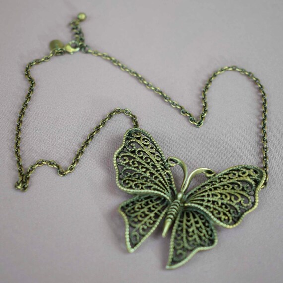 Butterfly Necklace, Antique Silvertone Filigree w… - image 3