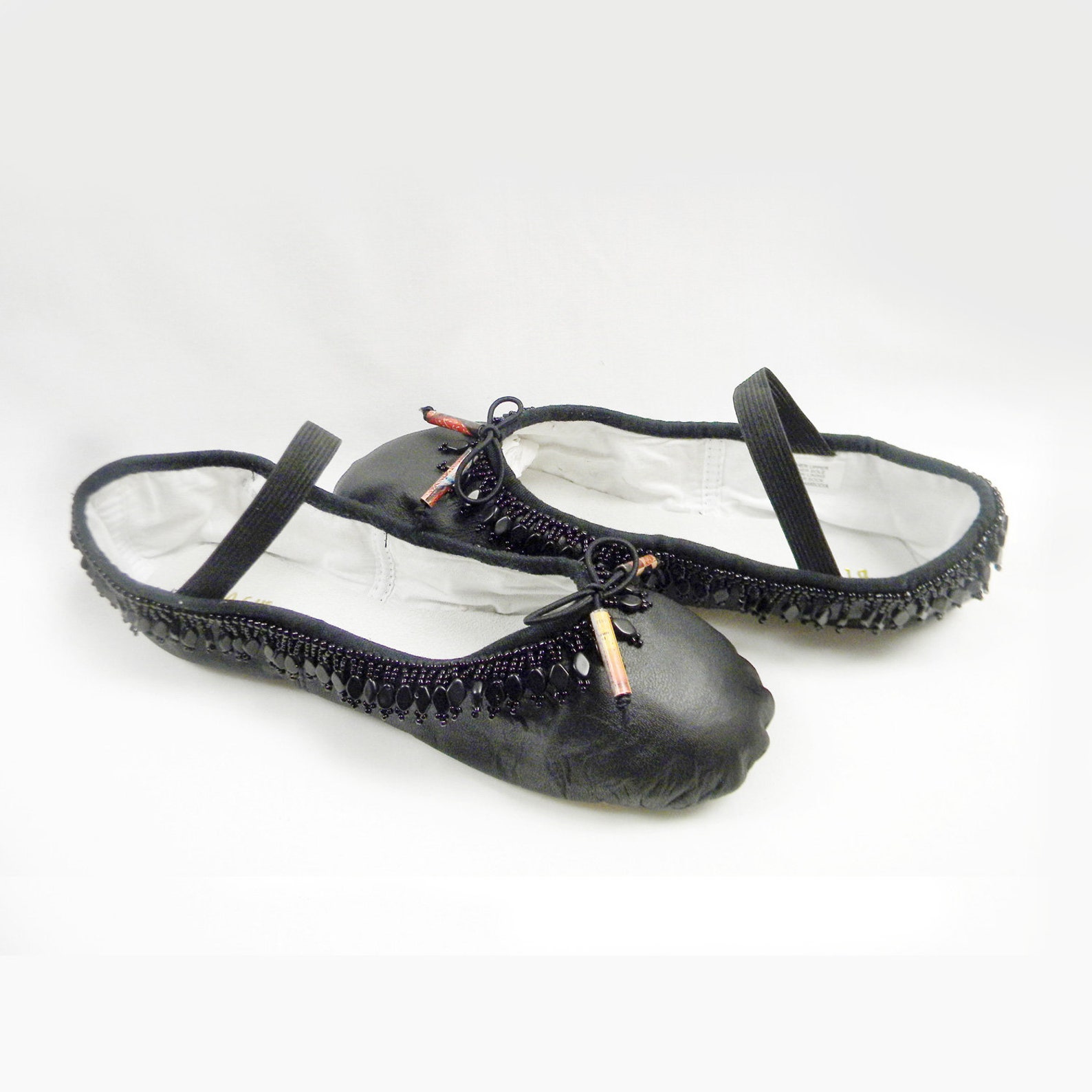 beaded ballet slippers, black leather bloch dance shoes, size 6.5b
