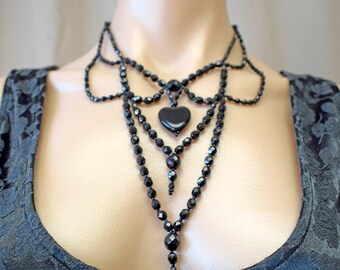 Handmade Gothic Black Crystal Necklace with Heart, One of a Kind