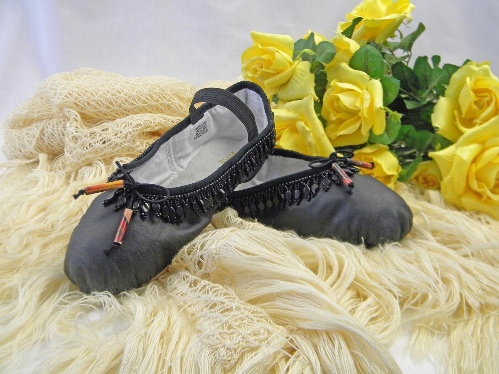 beaded ballet slippers, black leather bloch dance shoes, size 6.5b