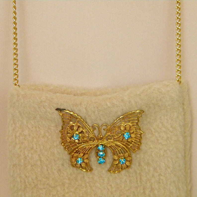 Goldtone Butterfly Brooch Tan Fleece Cell Phone Pouch Small Purse Bag