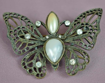 Broche de mariposa, perlas falsas, piedras de Rin, pasador de latón antiguo