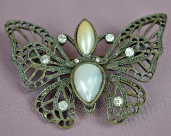 Butterfly Brooch, Faux Pearls, Rhinestones, Antique Brass Pin