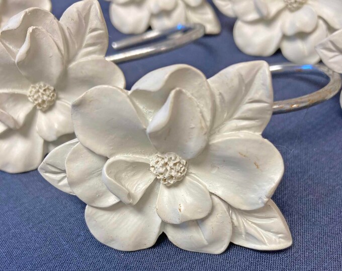 Magnolia Shower Curtain Hooks, Set of 12, White Resin Flowers. Bathroom