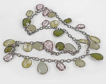 Long Chain Necklace with Large Faceted Stone Charms, Single Strand