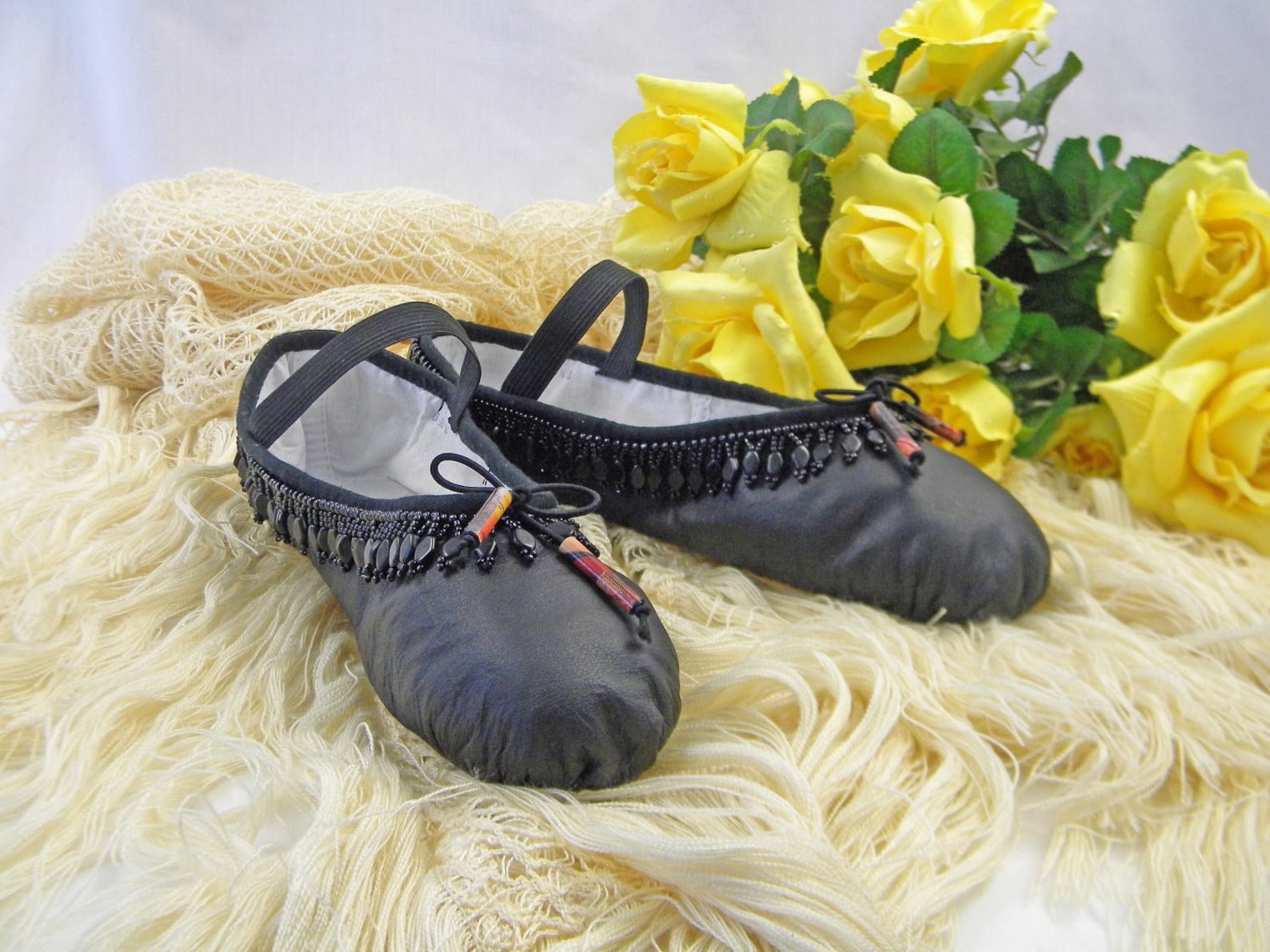 beaded ballet slippers, black leather bloch dance shoes, size 6.5b