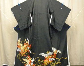 Black Silk Tomesode Kimono, Bright Flowers with Gold Embroidery, White Silk Lining