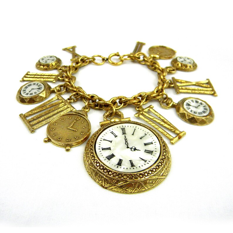 Pocket Watch Charm Bracelet by ART Gold Tone Clocks Made in Etsy