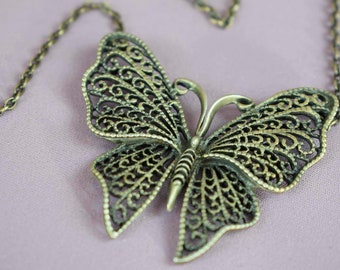 Butterfly Necklace, Antique Silvertone Filigree with a Fifteen Inch Chain