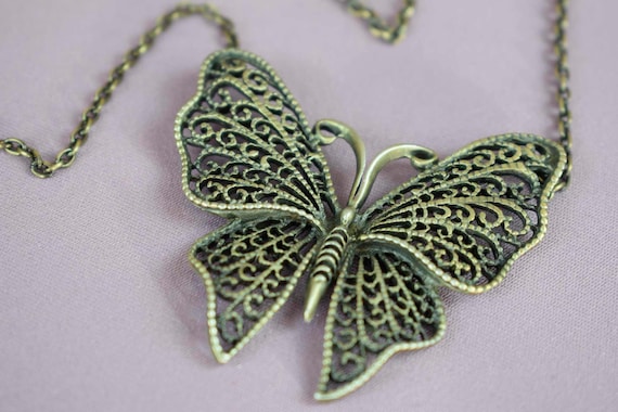Butterfly Necklace, Antique Silvertone Filigree w… - image 1