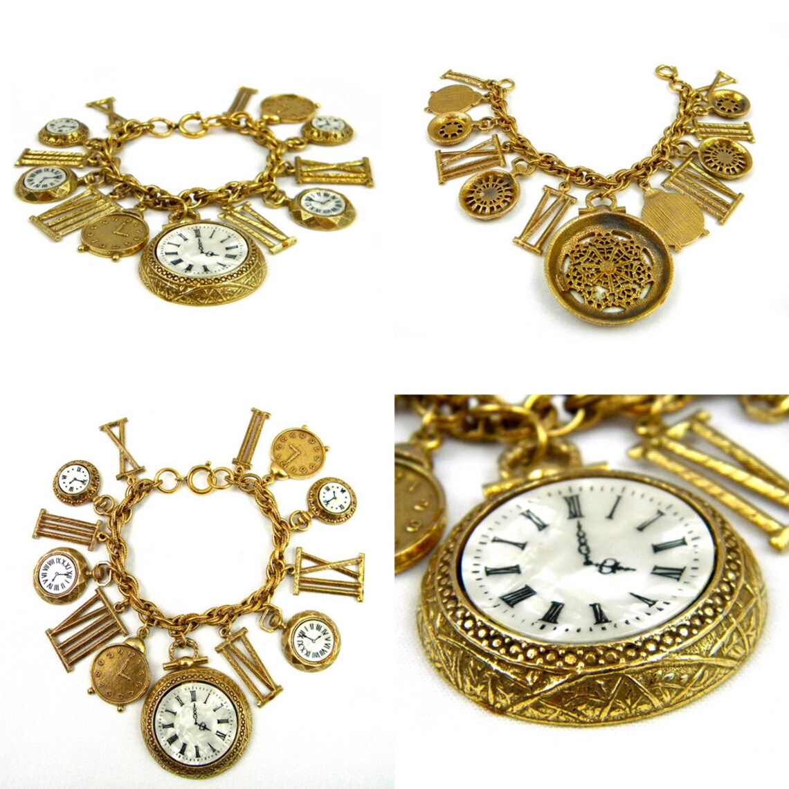 Pocket Watch Charm Bracelet by ART Gold Tone Clocks Made in Etsy