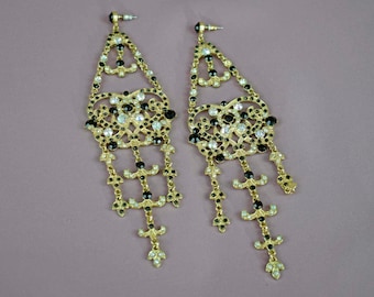 Chandelier Earrings, Extra Long and Large, Fold Tone with Faceted Stones, Post Back