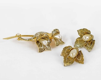 Broche de lirio damasquinado, pendientes de clip de lirio damasquinado