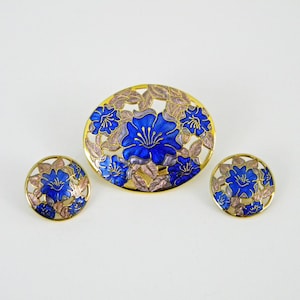 Blue Flower Brooch and Earrings Set, Pierced Cloisonne Enamel Jewelry, Goldtone, Royal Blue, Mauve