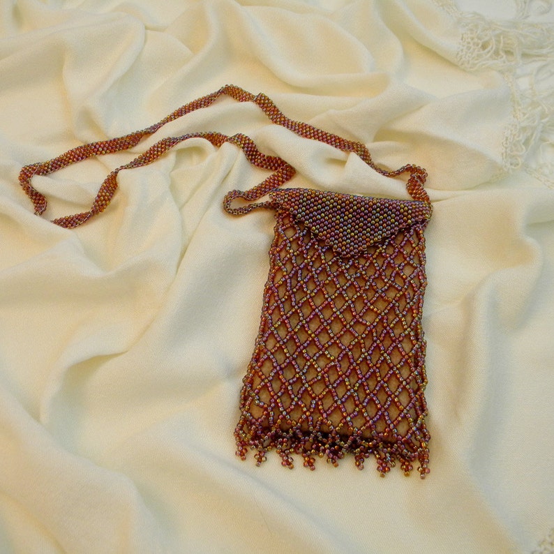 Beaded Amulet Bag Iridescent Root Beer Seed Beads Over Tan - Etsy