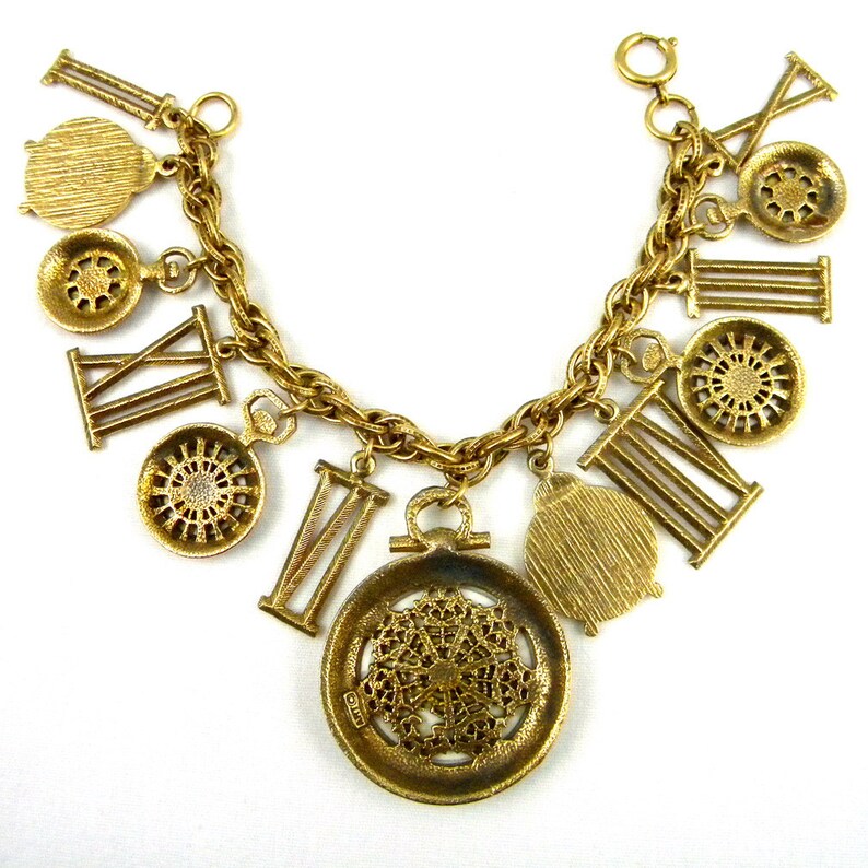 Pocket Watch Charm Bracelet by ART Gold Tone Clocks Made in Etsy