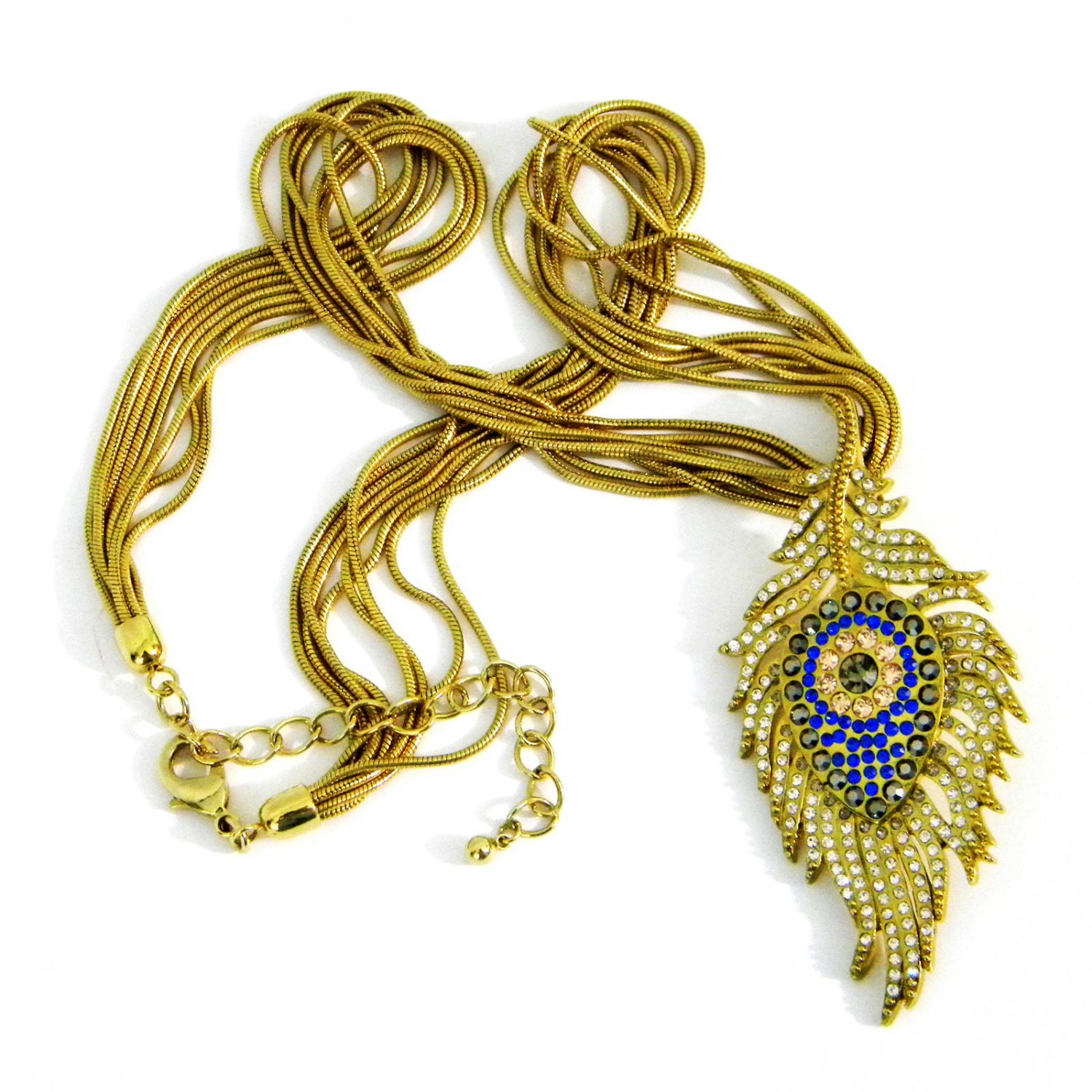 Golden Pave Peacock Feather Pendant on Eight Slender Snake