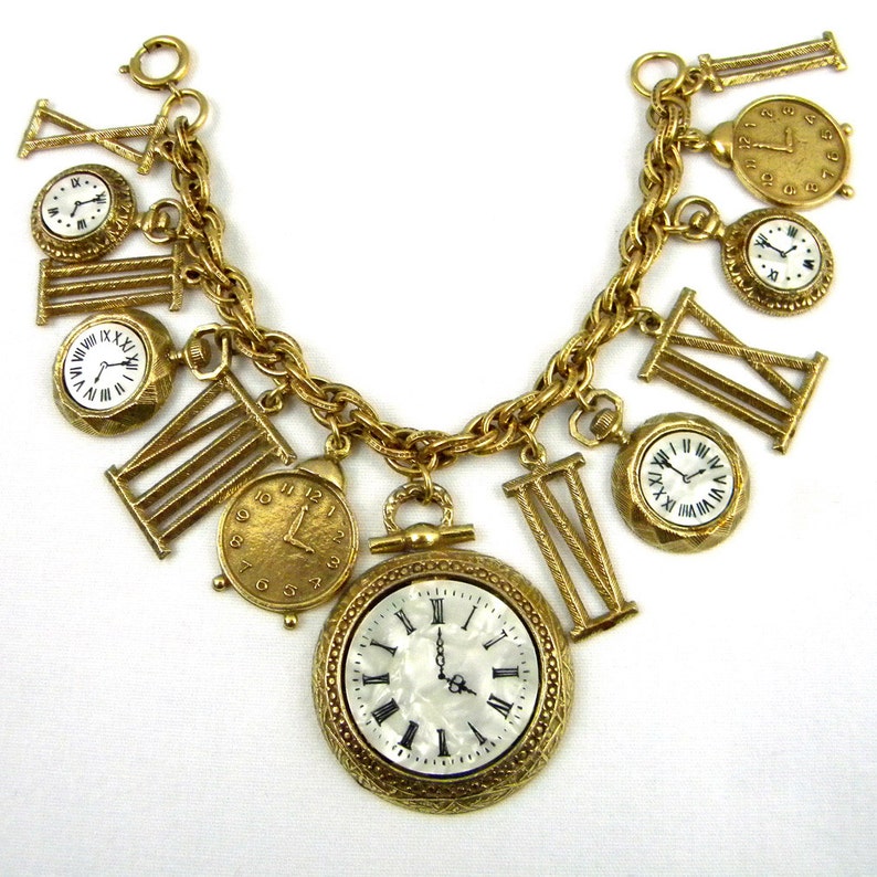 Pocket Watch Charm Bracelet by ART Gold Tone Clocks Made in Etsy