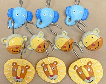 Animal Face Shower Curtain Hooks, Set of Ten, Colorful Resin Lion, Monkey and Elephant