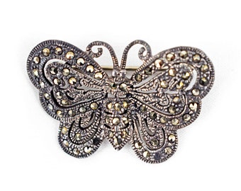 Broche de mariposa, plata de ley con Marcasite, pasador vintage