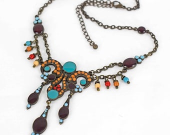 Multi Stone Lavaliere, Bronze Tone Necklace, Bohemian, Hippie, Antique Styling, Adjustable Length, Colorful