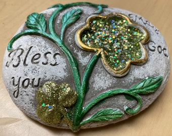 May God Bless You Irish Rock, Paperweight, Sparkling Green Shamrocks ~ Irish Rock Number 4