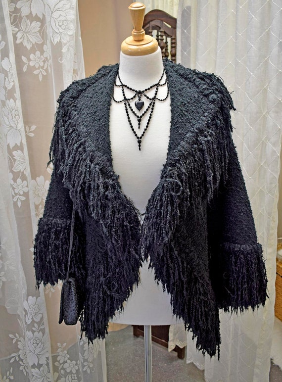 Black Boucle Jacket, Long Fringe, Handmade Evening