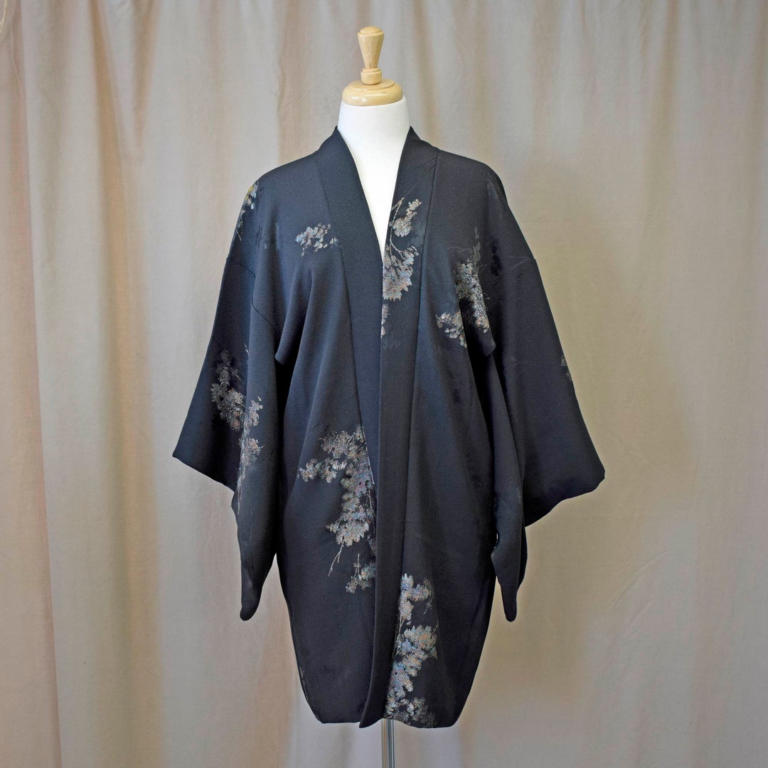 Black Silk Jacquard Haori With Metallic Floral Design Lined - Etsy