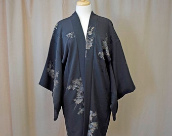 Black Silk Jacquard Haori with Metallic Floral Design, Lined in Cream White Silk Jacquard in a Flower Design