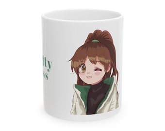 Winking Anime Girl Illustration Mug, Ceramic Coffee Cup, 11 oz