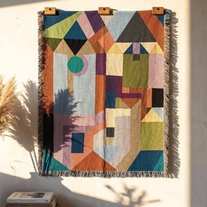 Oversized Woven Fine Art Blanket – Paul Klee Architecture Jacquard Tapestry, Sherpa Fleece Option