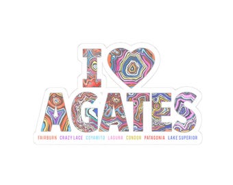 I Heart Agates of the World Kiss-Cut Stickers, Rock Collector Gifts, Laptop Decor, Hiking Gear, Nature Lover Design