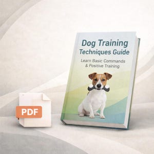 Op de afbeelding: Een boek getiteld "Dog Training Techniques Guide" met een hond op de omslag die een speeltje vasthoudt. Het boek bevat ook de tekst "Learn Basic Commands & Positive Training". Een PDF-pictogram staat links van het boek.