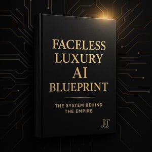 May include: A black book titled "FACELSS LUXURY AI BLUEPRINT" in gold lettering. The book also has the text "THE SYSTEM BEHIND THE EMPIRE" and a logo. The background features a circuit board design.