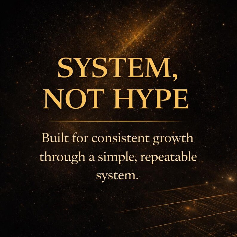 May include: A dark background with gold text that reads "SYSTEM, NOT HYPE." Below, the text continues, "Built for consistent growth through a simple, repeatable system."