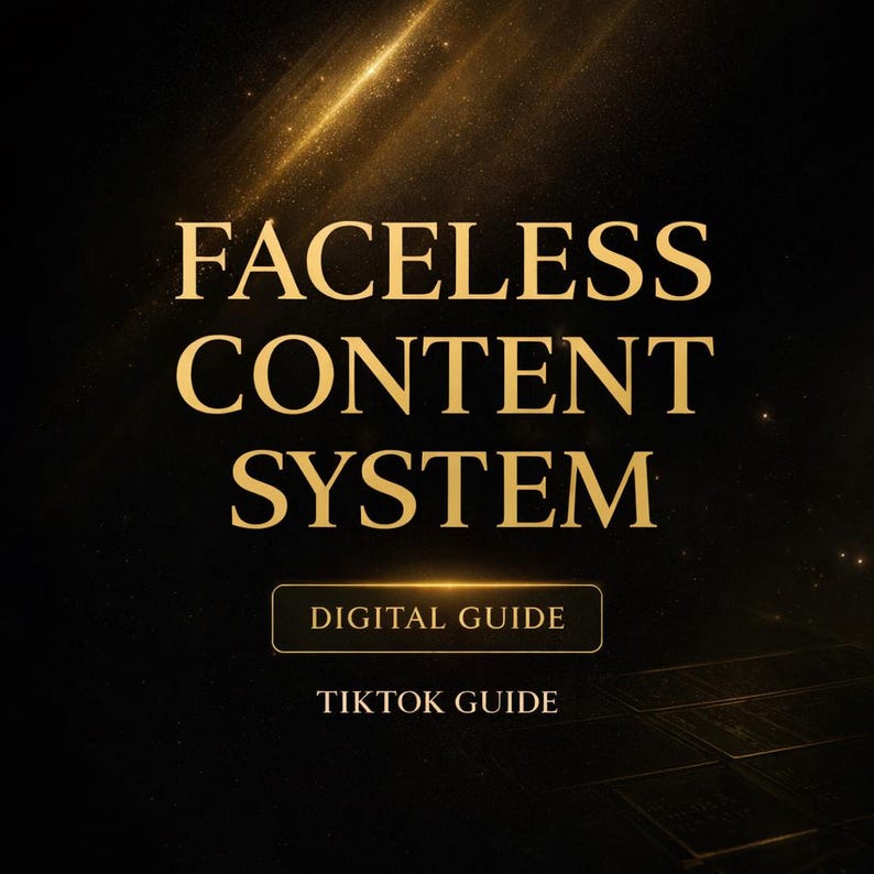 May include: A digital guide titled "FACELESS CONTENT SYSTEM" in gold lettering on a black background. The guide includes the text "DIGITAL GUIDE" and "TIKTOK GUIDE" in a gold font. The background has a golden glow.
