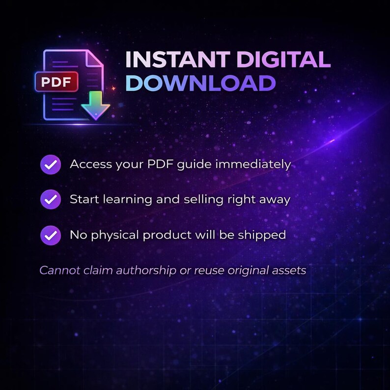 May include: Digital download graphic with a PDF icon and the words "INSTANT DIGITAL DOWNLOAD." The image highlights immediate access, quick learning, and no physical shipping. Text also states that authorship cannot be claimed or original assets reused.