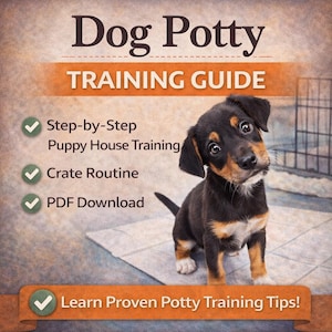 May include: A training guide titled "Dog Potty Training Guide" featuring a puppy with black and tan fur. The guide includes information on step-by-step puppy house training, crate routines, and PDF downloads. The text also says "Learn Proven Potty Training Tips!"