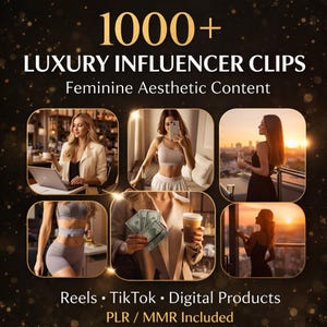 May include: An advertisement with the text "1000+ LUXURY INFLUENCER CLIPS Feminine Aesthetic Content." The image features six photos of women in various settings, including using a laptop, holding money, and enjoying a sunset view. The bottom text reads "Reels • TikTok • Digital Products PLR / MMR Included."