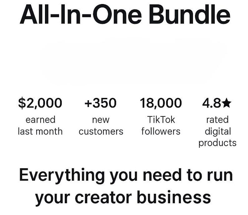 May include: Image with the text "All-In-One Bundle". Includes the following data: $2,000 earned last month, +350 new customers, 18,000 TikTok followers, and 4.8-star rated digital products. The text "Everything you need to run your creator business" is also present.