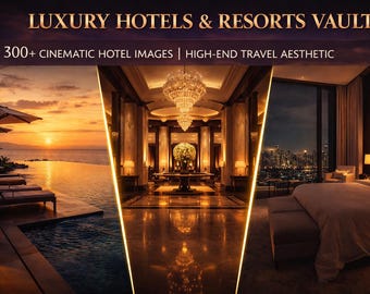 May include: A composite image showcasing luxury hotel interiors and exteriors. The image includes a pool with ocean view at sunset, a grand hotel lobby with a chandelier, and a hotel bedroom with city views. Text reads "LUXURY HOTELS & RESORTS VAULT".