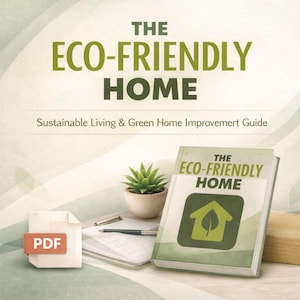 May include: A book titled "The Eco-Friendly Home" with a green and white cover, featuring a house and leaf logo. The image includes a PDF document, a small potted plant, and a pen. The book's subtitle reads "Sustainable Living & Green Home Improvement Guide."