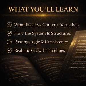 May include: A dark, textured background with gold text that reads "WHAT YOU'LL LEARN." Below, bullet points detail topics like "Faceless Content," "System Structure," and "Posting Logic." A partially visible open book and a document with bullet points are also present.