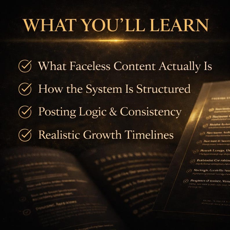 May include: A dark, textured background with gold text that reads "WHAT YOU'LL LEARN." Below, bullet points detail topics like "Faceless Content," "System Structure," and "Posting Logic." A partially visible open book and a document with bullet points are also present.